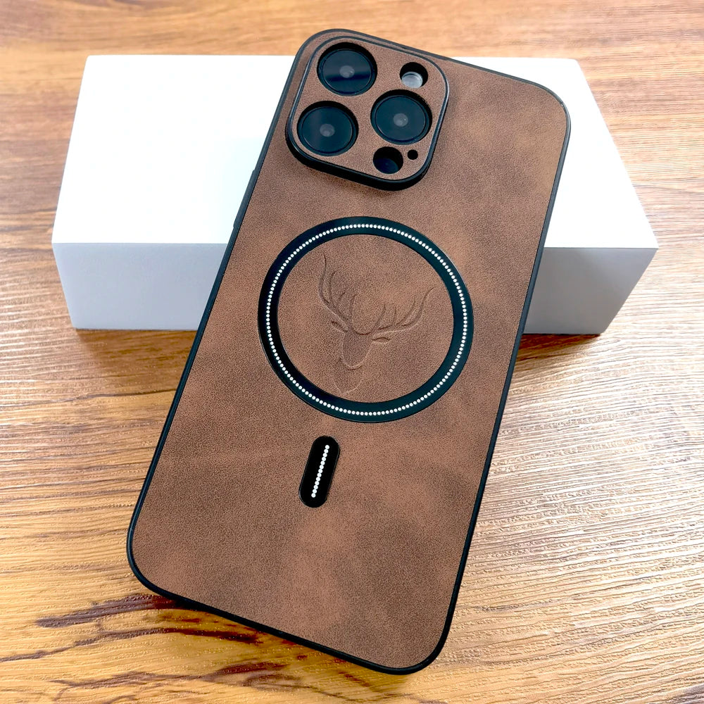 🦌Vintage Leather MagSafe Case with Embossed Deer Logo – Premium Protection with Style