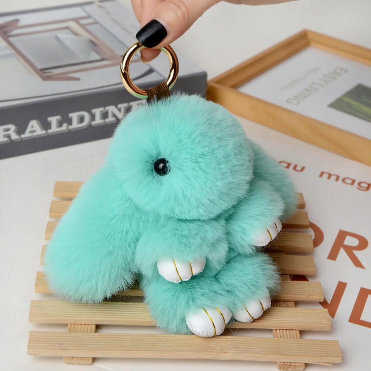 Fluffy Bunny Keychain – Soft Fur Pompon Charm for Bag or Car