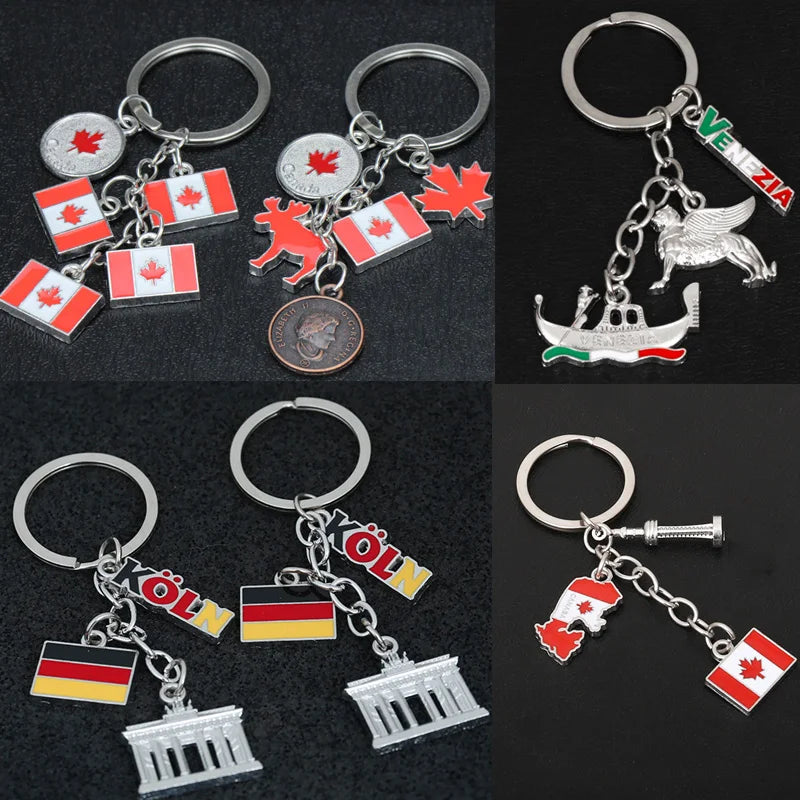 🌍 World Travel Souvenir Keychains – Canada, Germany, Italy