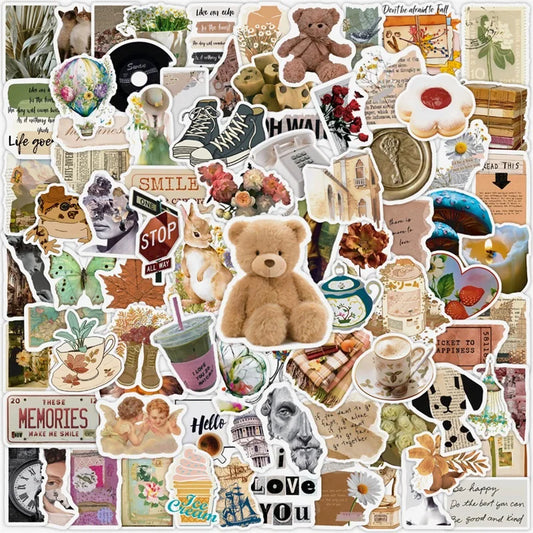 🌿 Vintage Aesthetic Sticker Pack – 100+ Cozy Vibes | 10/30/50/100PCS  🧸✨